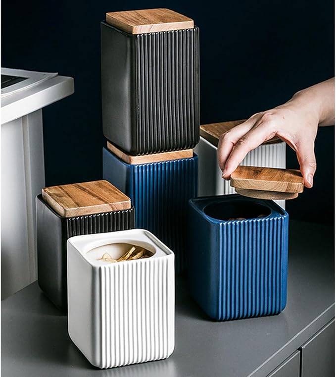 Ceramic Storage Jars Modern Elegant Highly Polished Airtight Storage Canisters with Lid Whiteware Food Stroage Jar for Kitchen Spice Tea Vanilla Sugar Coffee Beans (Blue-750ML)