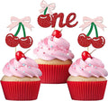 24 Pack Cherry 1st Birthday Cupcake Toppers, Glitter Cherry First Birthday Cake Pick for Fruits Theme One Birthday Party Cake Decorations Supplies (One)