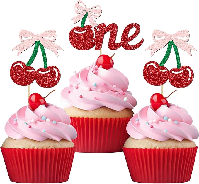 24 Pack Cherry 1st Birthday Cupcake Toppers, Glitter Cherry First Birthday Cake Pick for Fruits Theme One Birthday Party Cake Decorations Supplies (One)