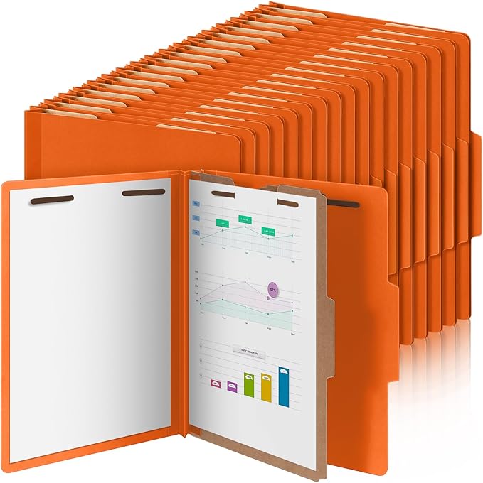 36 Pcs Classification Folders Letter Size, Back to School Supply for Teacher, Student, 1 Divider Pressboard File Folder Bulk with 2 Fasteners, 3.5 Inch Expanding File Organizer (Orange)