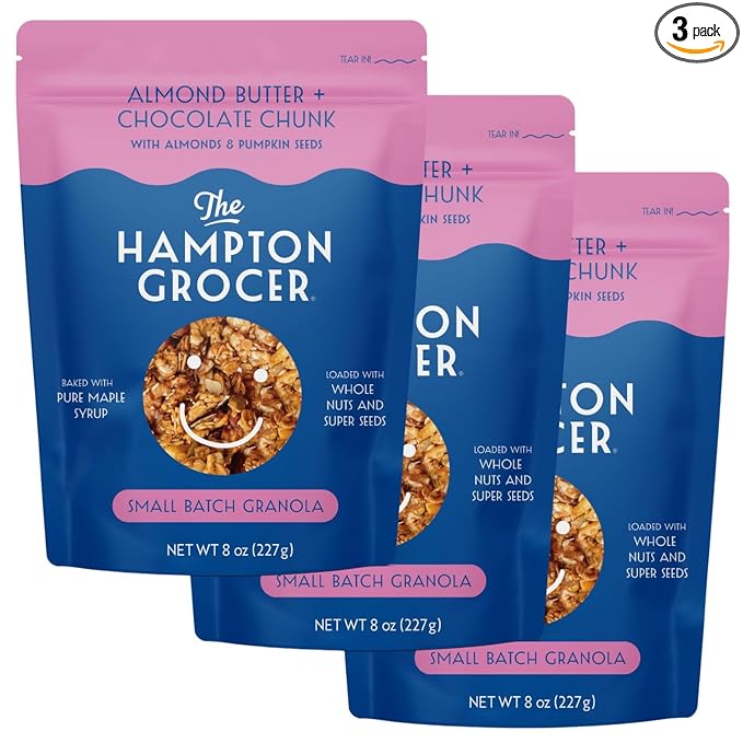 The Hampton Grocer Almond Butter & Chocolate Chunk Granola, 3 pack - Gluten-Free, Dairy-Free, Organic Oats & Pumpkin Seeds, Sweetened with Maple Syrup - Low Sugar, Crunchy, Small-Batch, 8oz