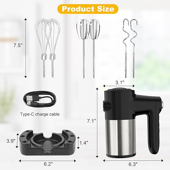 Cordless Hand Mixer, Digital Display 7 Speed Rechargeable Electric Mixer Handheld with 6 Stainless Steel Attachments Whisks Beaters Dough Hooks & Storage Base, Kitchen Blender for Baking, Eggs, Cakes
