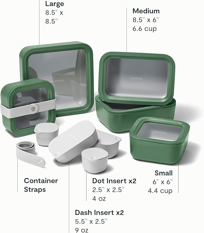 Caraway 14pc Glass Food Storage Container Set - Easy to Store, Non Toxic Lunch Box - with Glass Lids - Includes Storage Organizer & Dot & Dash Inserts - Sage