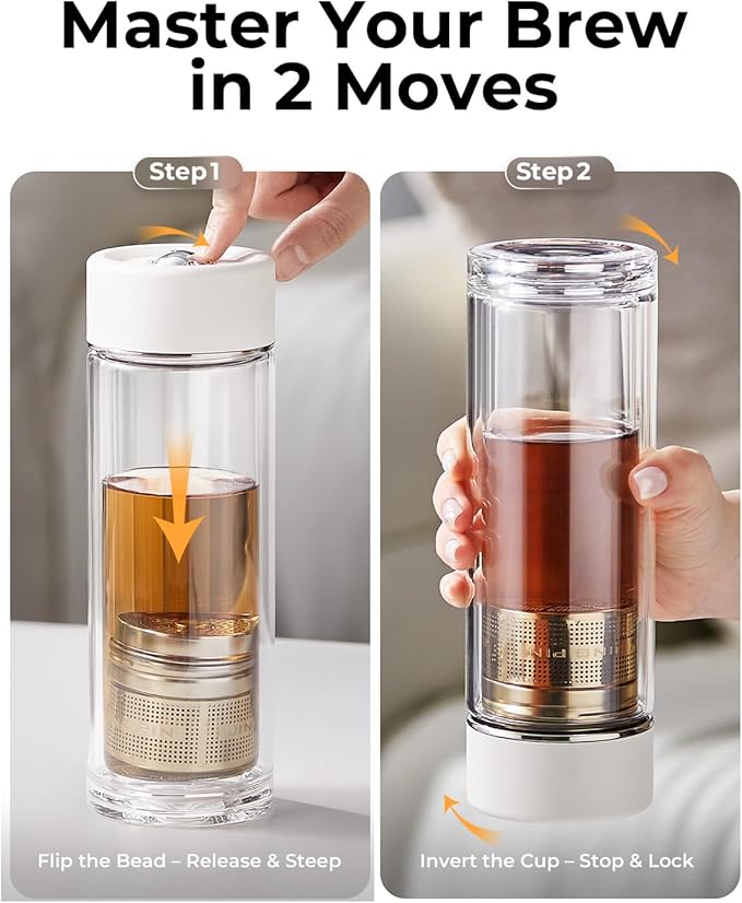 MagnaDrop Tea Tumbler – Double Wall Glass Tea Infuser Cup with Magnetic Steep Control & Bead Switch, Leakproof Travel Mug for Loose Leaf, 10.5oz