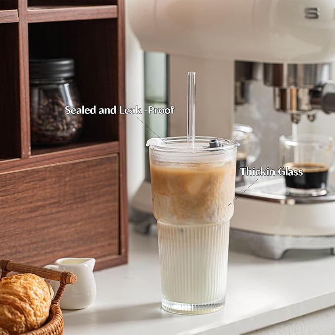 INSETLAN 530ml Glass Cups with Straws & Straw Cleaner, Set of 4, Clear Ribbed Drinking Glasses with Plastic Lids for Water, Juice, Iced Coffee & Smoothies, Dishwasher Safe