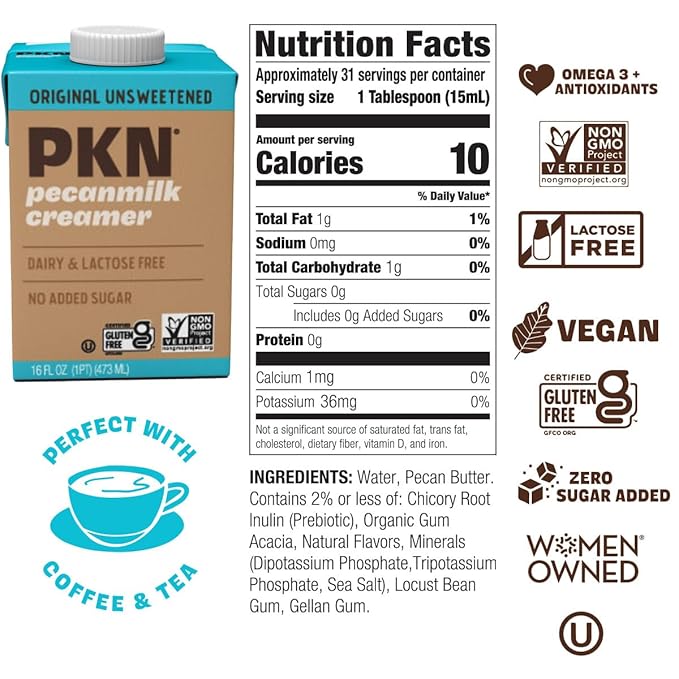 PKN Original Pecan Milk Creamer, Plant-Based, Vegan, Dairy-Free, No Gums or Oils, Shelf-Stable, Keto-Friendly, Barista-Approved, 16oz Six-Pack