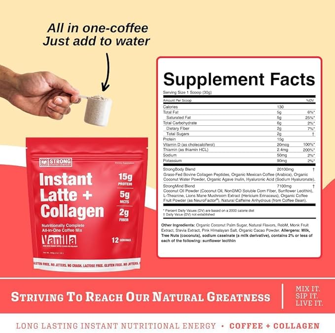 STRONG COFFEE COMPANY Instant Vanilla Latte Travel Pack - - 15g Protein, Instant Protein Coffee with Collagen, Adaptogens & Nootropics, No Crash, No Jitters, 7 Servings Bag