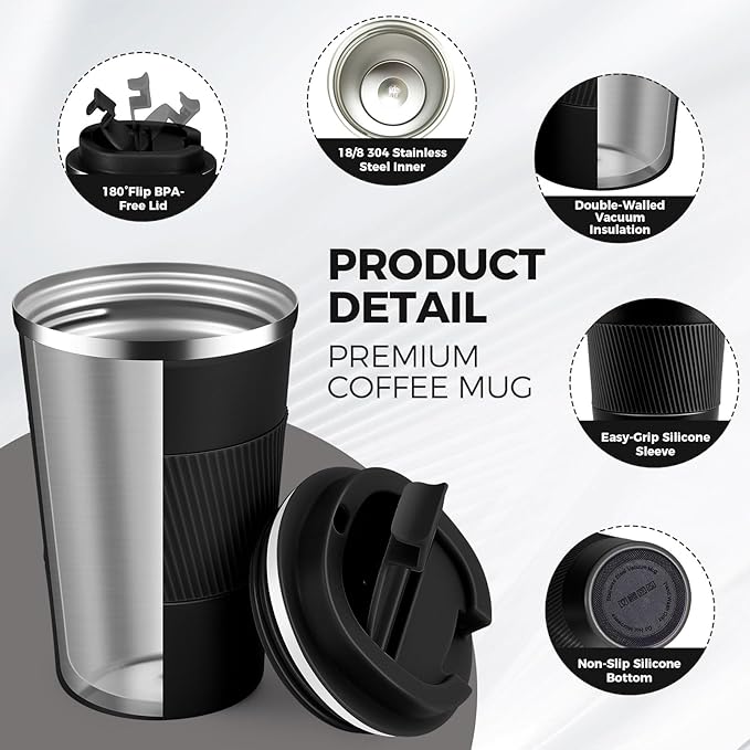 Volhoply 13 oz Stainless Steel Insulated Travel Coffee Mug with Fip Lid Bulk 8 Pack,Reusable Double Wall Vacuum Metal Coffee Cup,Portable Leak Proof Thermal Tumbler for Hot & Cold Drinks(Black,8)