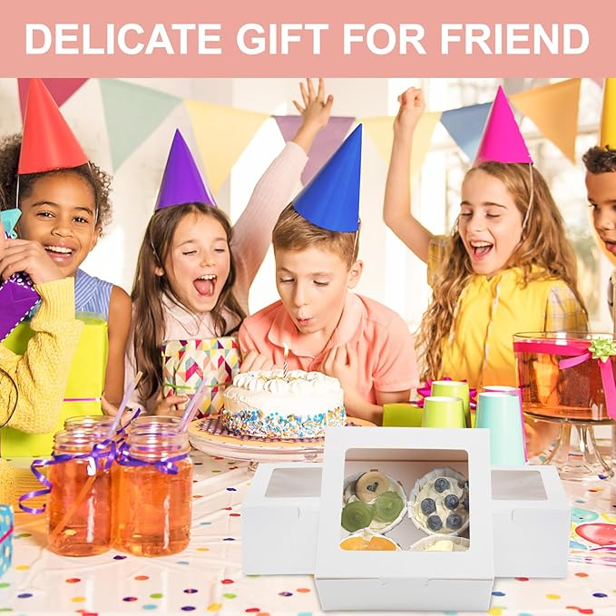 OAMCEG 50 PCS White Cupcake Boxes with Window and Insert, 6x6x3 Inch Kraft Treat Boxes with 4 Cavity for Cookies, Pastries, Desserts, with Stickers & Jute Twine