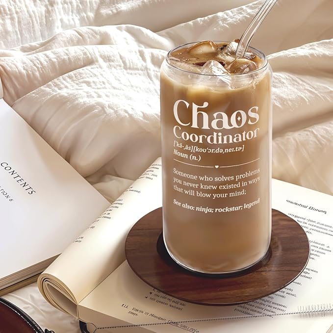 Chaos Coordinator 16oz Can Glass Tumbler with Bamboo Lid & Straw, Iced Coffee Cup for Female Coworker Friends Colleagues, Aesthetic Cups Gifts for Birthday Christmas Farewell Retirement