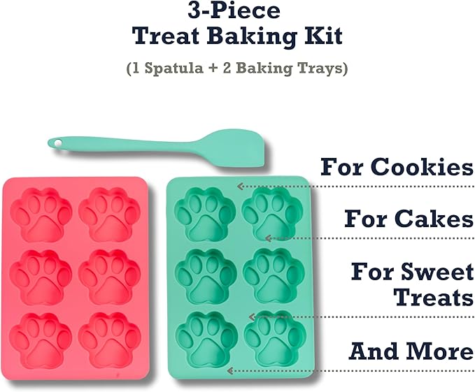 Country Living 3-Piece Silicone Baking Kit – Includes 2 Baking Trays (6-Cavity Paw Print Mold) & Spatula – Non-stick Silicone for Homemade Dog Treats, Candy, Chocolate, & Ice Cubes