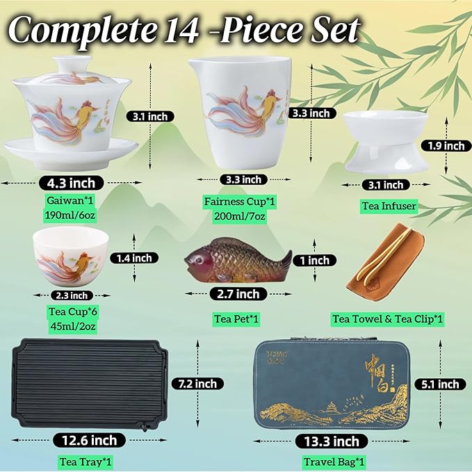 ICHAG Chinese Tea Set, Gongfu Tea Sets for Adults, China Gaiwan Teaset, 14-Piece Yangzhi Jade (茶具) Porcelain Set with Tea Pet, Portable Travel Teaset for Home, Outdoor, Office Gifts (White)