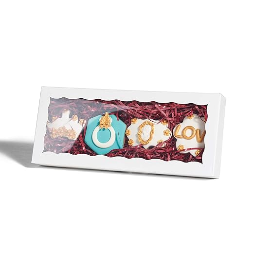 100PCS 12 x 5 x 1.5 inches Auto-Popup One Piece Premium Cookie Boxes with Window, Bakery Box for Holiday Cookie Gift Sets