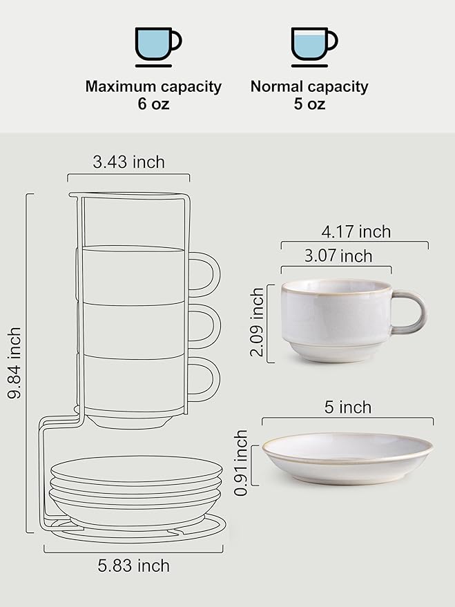 Gomakren 6 Ounce Cappuccino Cups with Saucers and Metal Stand, Stackable Coffee Cup Set of 4, Porcelain Espresso Cups for Coffee Drinks, Cappuccino, Latte, Americano, Tea, White