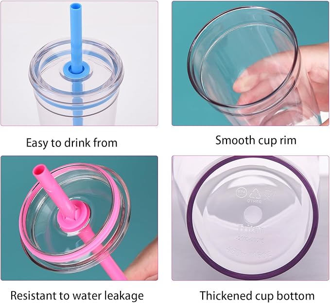 Clear Tumbler Cup, 16 oz Plastic Iced Coffee Cup with Lid and Straw, 6 Pack, Reusable and Dishwasher Safe, for Gatherings and Outdoor Adventures (6, Solid Color)