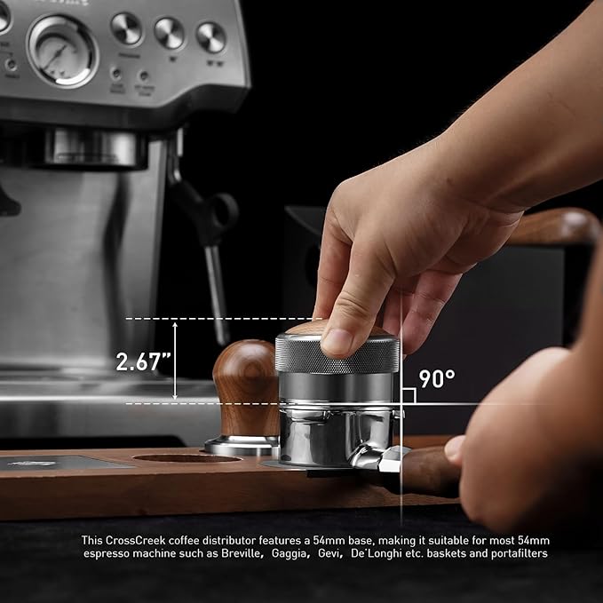 CrossCreek 54mm Espresso Distributor | Adjustable Depth Distribution Tools Fits 54mm Breville Portafilter | Stainless Steel & Walnut Coffee Distributor | Espresso Machine Accessories for Coffee Bar