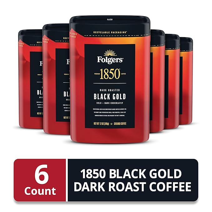 Folgers 1850 Black Gold Dark Roast Ground Coffee, 12 Ounce (Pack of 6)