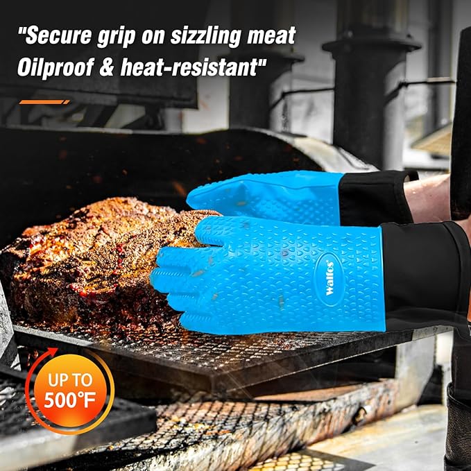 Walfos Silicone BBQ Gloves - Heat Resistant Grilling Gloves, Premium Non-Slip Kitchen Silicone Oven Mitt with Protective Cotton Layer Inside, Waterproof, Great for Grilling, Kitchen and Cooking, Blue