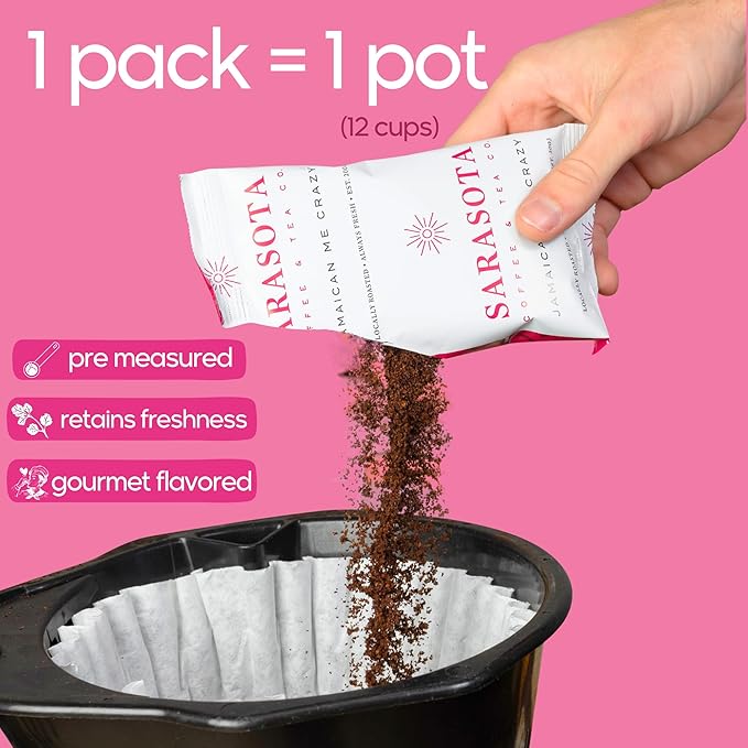 Sarasota Coffee Ground Packets | Gourmet Flavored Medium Roast Grounds Packs | Jamaican Me Crazy | Low Acid Mold Free Individual Single Pot Pouches for 12 Cup Coffee Maker | 2 Ounce Bags, 12 Count