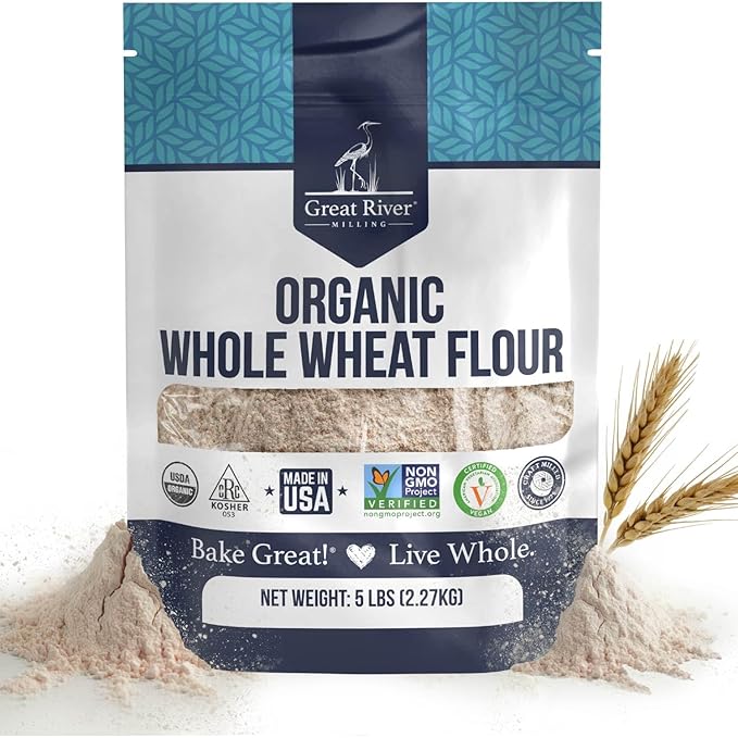 Great River Organic Milling Organic Whole Wheat Flour | Unbleached & Unbromated | High Protein & Fiber | Non-GMO, Kosher | Perfect for Sourdough, Bread, Rolls & Baking | 5 Lb