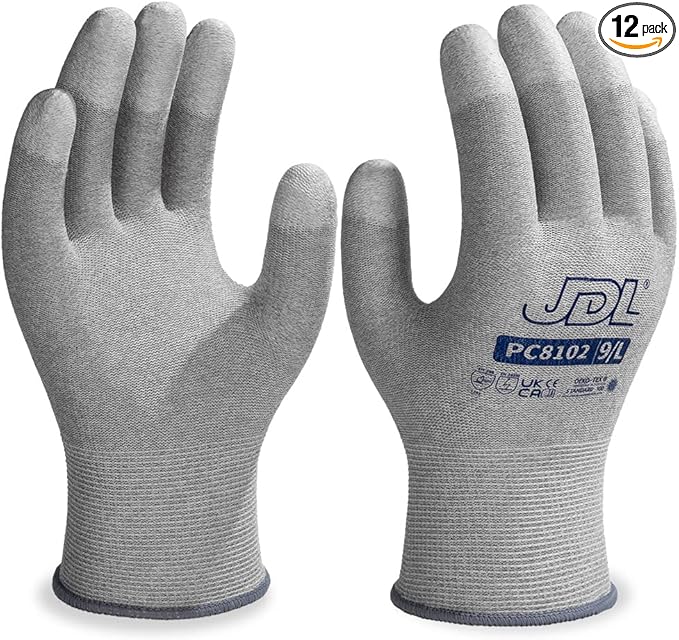 JDL ESD Work Gloves, Anti-Static Gloves for PC Building, 12 pairs, Computer Installation & Repair, High Resistance Carbon Fiber Gloves, Large