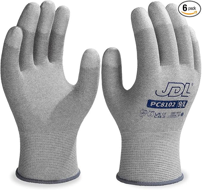 JDL ESD Work Gloves, Anti-Static Gloves for PC Building, 6 pairs, Computer Installation & Repair, High Resistance Carbon Fiber Gloves, X-Large
