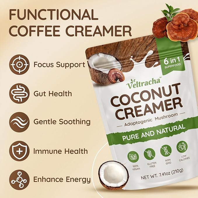 Veltracha Mushroom Coffee Creamer, Superfood Coconut Creamer Powder with 6 Adaptogenic Mushrooms - Reishi, Turkey Tail, Lions Mane, Non-Dairy Coconut Powdered Creamer for Energy & Focus & Digestion, 30 Servings