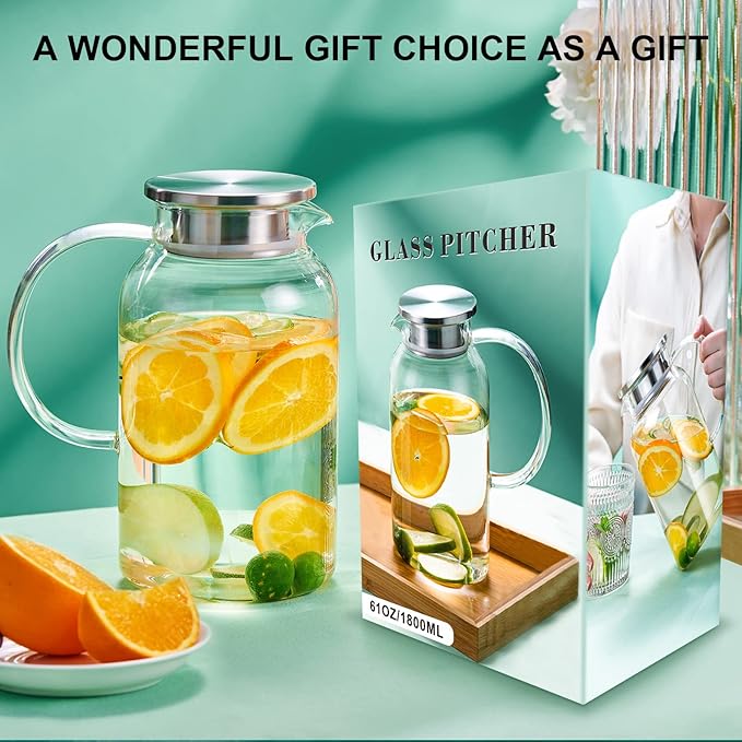 PARACITY Glass Pitcher with Lid, Hot& Cold Glass Water Pitcher with Handle, Iced Tea Pitcher Carafe for Coffee, Juice, Lemonade and Milk 61oz/ 1.8L…