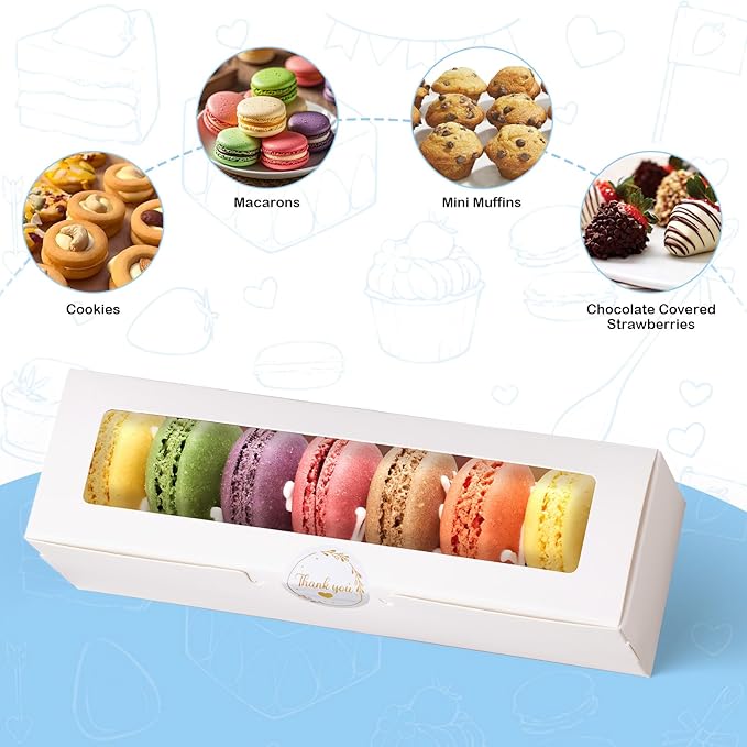 20 Pack Macaron Boxes with Window - 7.3x2x2 in Macaron Packaging Containers Holds 6-8 pcs, Small Cookie, Candy and Truffle Boxes for Gift Giving