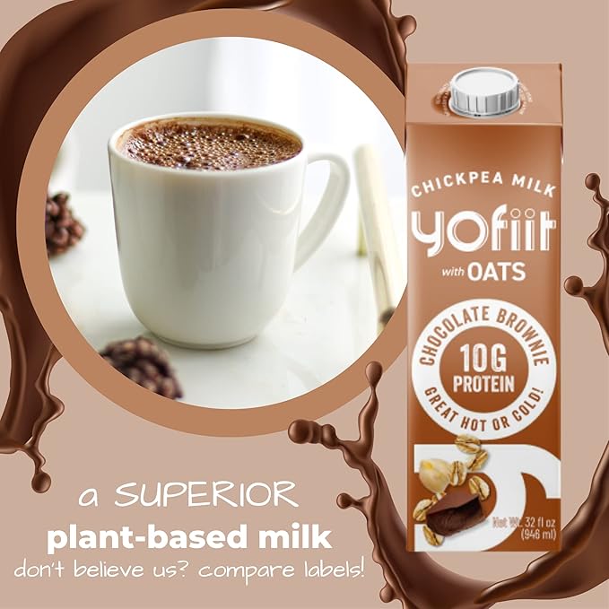 Yofiit Chocolate Brownie Non Dairy Milk - Delicious Vegan Chocolate Milk - 10g Protein & Less Sugar, Shelf Stable Milk with Oats, Pea Protein & Flax - Omega-3, High Protein Drinks (6 Pack)