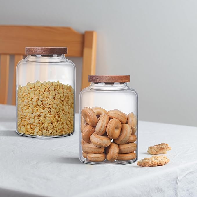 Large Glass Jar with Wooden Lid Glass Sugar Containers Kitchen Canisters Pantry Glass Food Storage Container for Candy Coffee Bean Cereal Flour Cookies