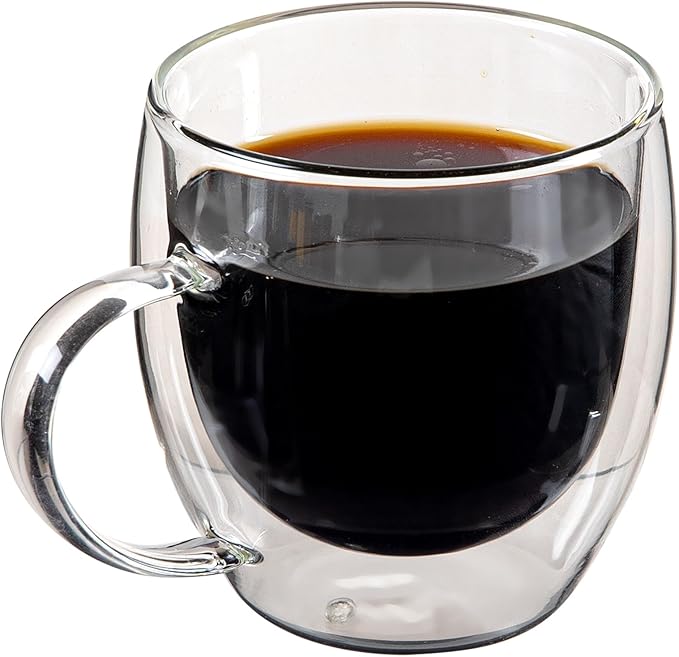 Restaurantware-Forma Professional 8.5 Ounce Glass Coffee Cups, 2 Insulated Coffee Cups With Handle - Dishwashable, Reusable, Clear Double Wall Beverage Tumblers, Freezable, For Hot Or Cold Beverages