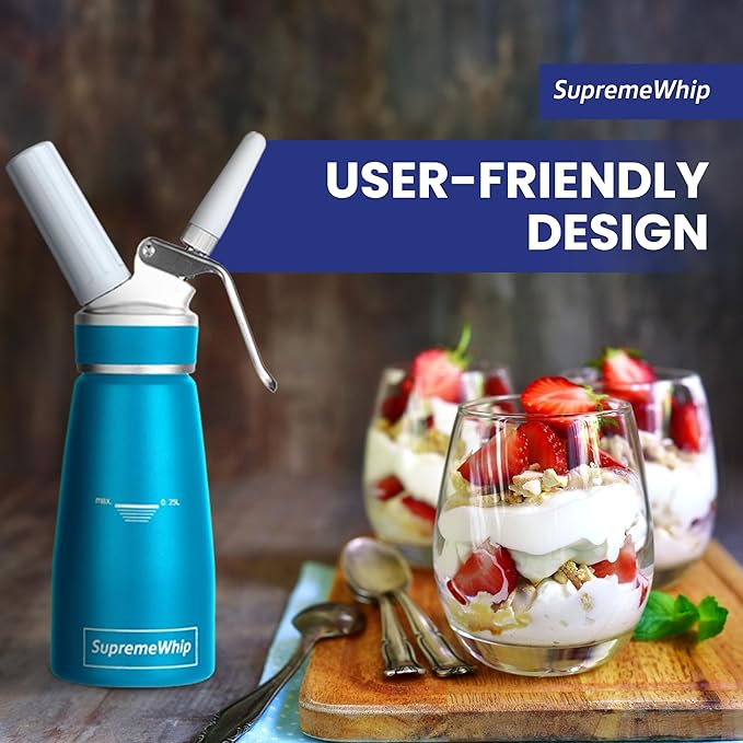 Pro Cream Dispenser, Durable High-Grip, Metal Lid with Rubber, 3 Nozzles, for Hot/Cold Use, Cleaning Brush Included, Blue - 250ml /1 Pint
