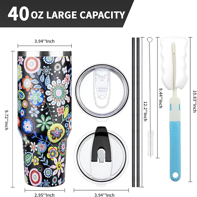 40 oz Tumbler with Lids and Straws, Stainless Steel Insulated Coffee Tumbler, Double Wall Vacuum Insulated Travel Mug Cup, Leakproof Thermal Coffee Cup for Hot and Cold Drinks (Flower)
