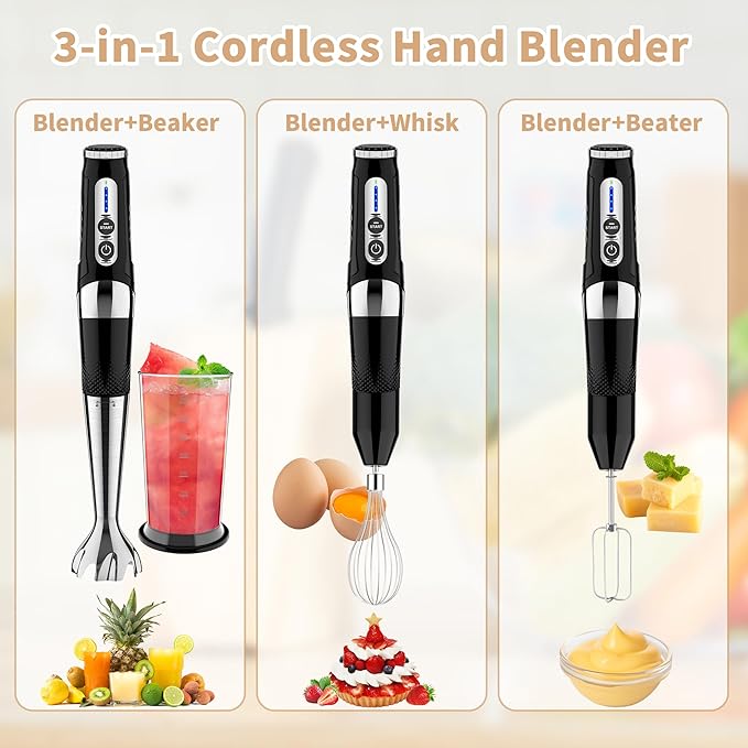 Cordless Immersion Blender Handheld: 3-in-1 Rechargeable Electric Hand Blender Stick, 21-Speeds & 3-Angle Adjustable with 700ml Beaker, Egg Whisk and Beater for Smoothies, Soup,Puree,Baby Food (Black)