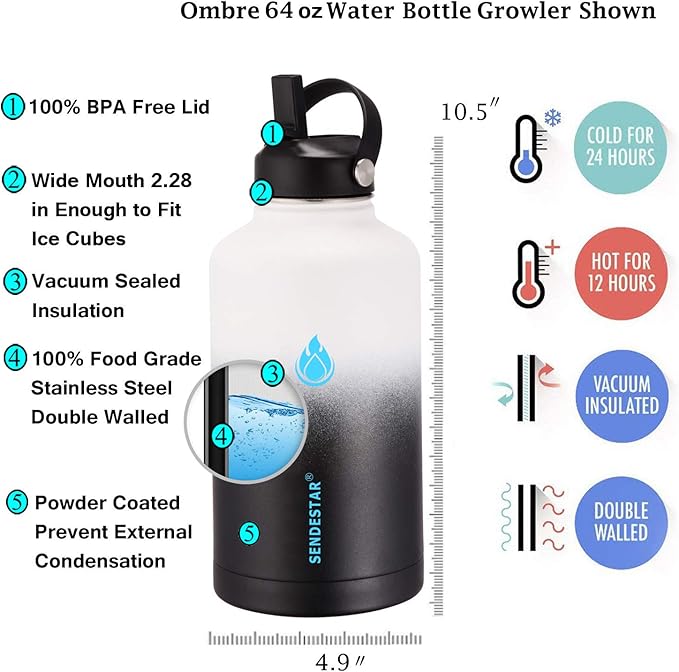 SENDESTAR Water Bottle 64oz Double Wall Vacuum Insulated Leak Proof Stainless Steel Sports Water Bottle—Wide Mouth with New Flex Straw Lid & Spout Lid (Day&Night)