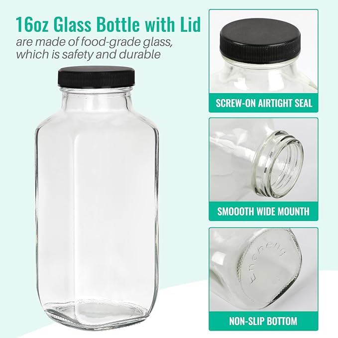 16 oz Glass Juice Bottles with Lids 12 Pack,Reusable Glass Drink Bottles,500ml Water Drinking Jars for Milk,Juicing,Kombucha,Ginger,Beverage Glassware,Juice Drinking Jars