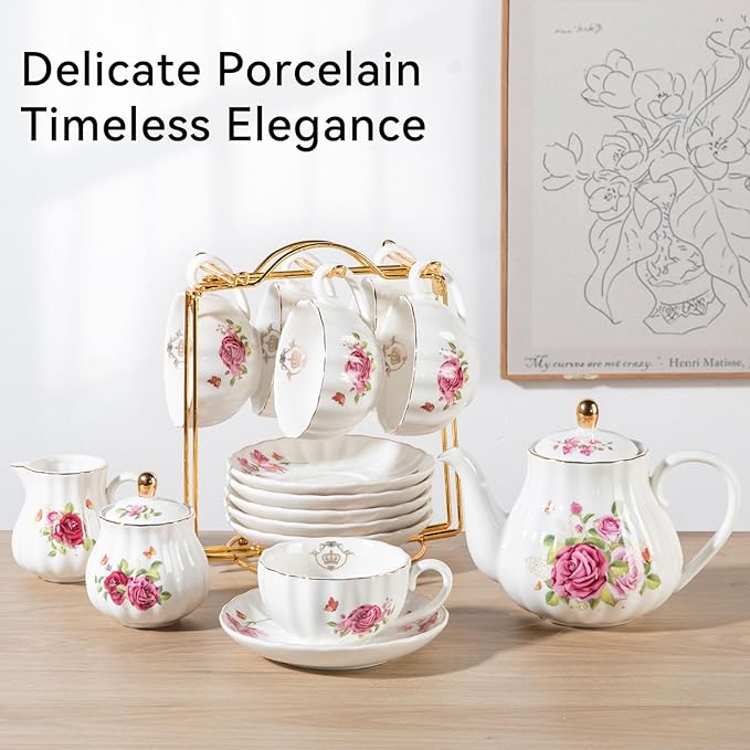 Porcelain Tea Sets British Royal Series, 8 OZ Cups & Saucer Service for 6, with Teapot Sugar Bowl Cream Pitcher Teaspoons and Tea Strainer, Suitable for High Tea, Wedding, Party (Midsummer Rose)