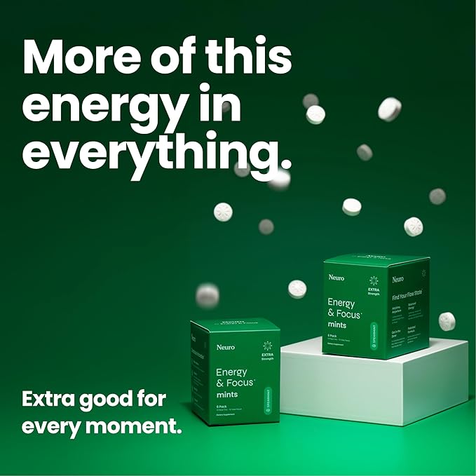 Neuro Energy & Focus Mints, Extra Strength - Sugar Free Breath Mints with 100mg Natural Caffeine, B Vitamins & L-Theanine - Vegan Brain Supplement for Exercise, Study & Daily Focus - Spearmint, 90 ct