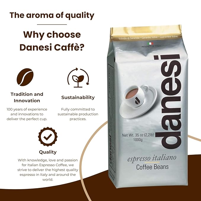 Danesi Caffe Italian Whole Coffee Beans - Espresso Coffee Beans and Medium Roast Whole Bean - Perfect for Espresso Machines, French Press, and Home Brewing - Gold (13.2 lb)