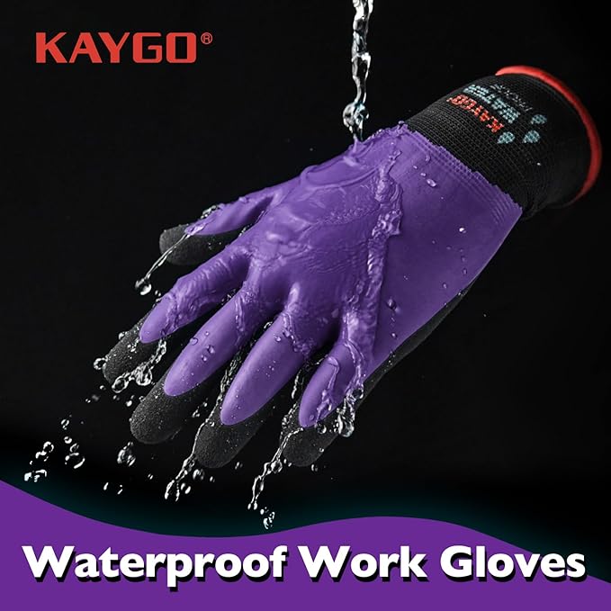 KAYGO Waterproof Work Gloves for Men and Women, Rubber Coated Non-slip Working Gloves for Garden, Outdoor Construction,KG150,Purple,L