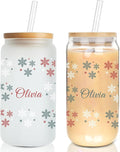 Mason Life Personalised Christmas Cup, 18oz Clear Glass Cups with Lids and Straws，Cute Cups for Women，Snowflake Design, Drinking Cup with Bamboo Lids, Christmas Gifts for Men, Women and Friends