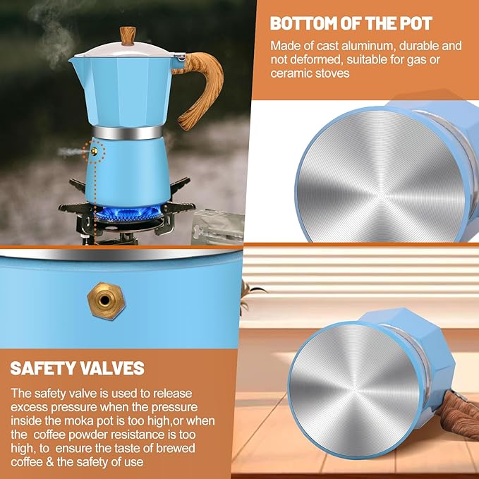 6 Cup Aluminum Espresso Stovetop Moka Pot Express Coffee Maker Percolator Italian Classic Mocha Coffee Machine for Italian and Cuban Cafe Brewing for Home & Camping 300ml 10oz
