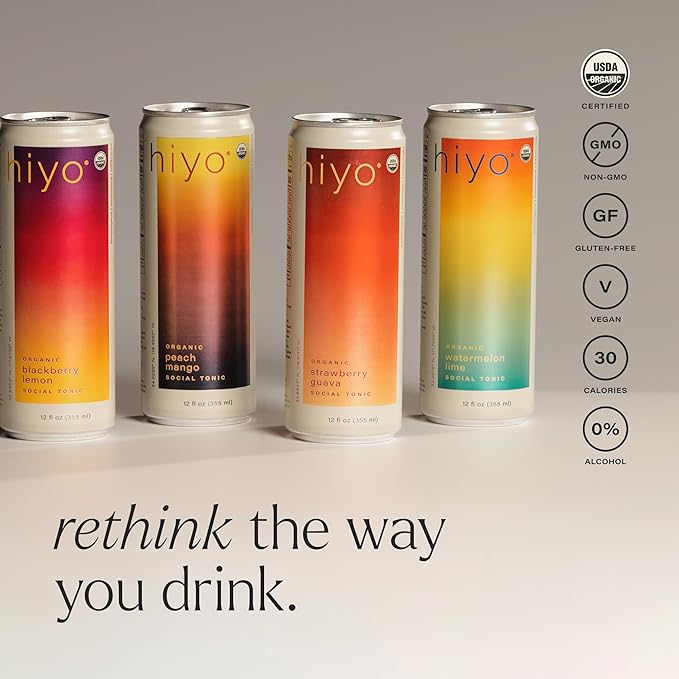 Hiyo Organic Social Tonic - Peach Mango, 12 Pack - N.A. Functional Seltzer, Sparkling Water Crafted with Organic Adaptogens, Nootropics & Botanicals