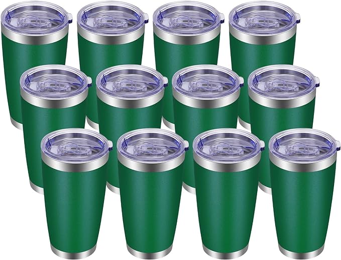 VEGOND 20oz Tumbler with Lid and Straw Stainless Steel Tumbler Cup Bulk Vacuum Insulated Double Wall Travel Coffee Mug Powder Coated Coffee Cup(Powder Green 12 Pack)