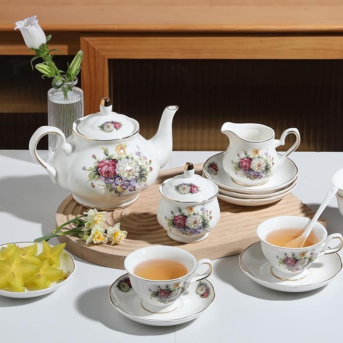 Sweejar Ceramic Teapot with Infuser, Floral Relief Gold Rimmed Teapot, 29 OZ Porcelain Tea Pot for Blooming and Loose Tea, Coffee...(Flower Style)