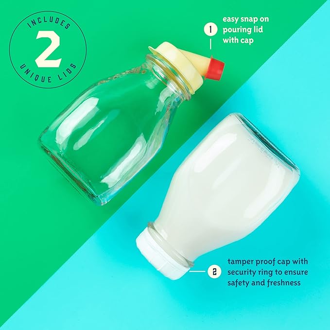 kitchentoolz 16 Oz Glass Milk Bottle with Lid - 16 Ounce Short and Wide Glass Milk Container for Refrigerator with Tamper Proof Lid and Pour Spout - Pack of 2