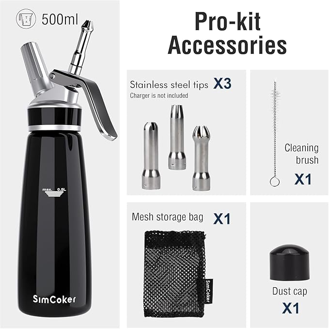 Whipped Cream Dispenser,Aluminum 500ml Whipped Cream Maker,3 Decorating Nozzles,1 Brush,1 Storage Bag,withou N2O Charger,Black