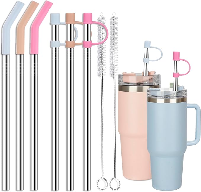 Stainless Steel Straws with covers fit Stanley 14oz & 20oz tumbler, Reusable 8.6 Inch Straw with Silicone Tips & Cover Caps, Compatible with Stanley Quencher H2.0 (6 Pack: 3 Bent + 3 Straight)