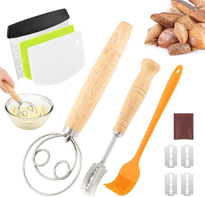 Danish Dough Whisk with Sourdough Scoring Tool, Bread Making Tools Baking Supplies, Dough Hook Dutch Whisk, Bread Lame, Bench Scraper & Pastry Brush, Set of 6(6pcs,COLOR:silver)